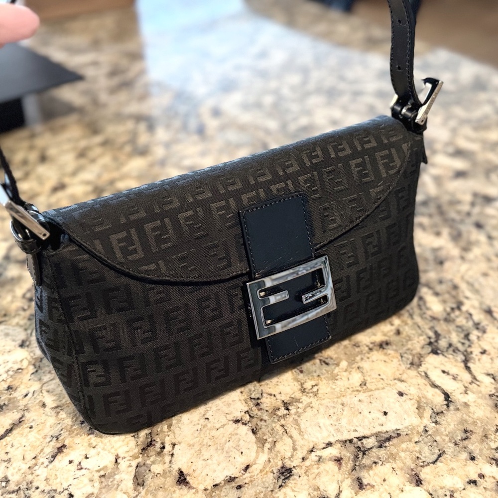 Authentic Fendi Shoulder Baguette Black Canvas Purse